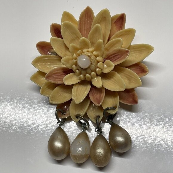 vintage Carved celluloid flower brooch dangle Beads Signed Handmade Aged 3D - Picture 2 of 14